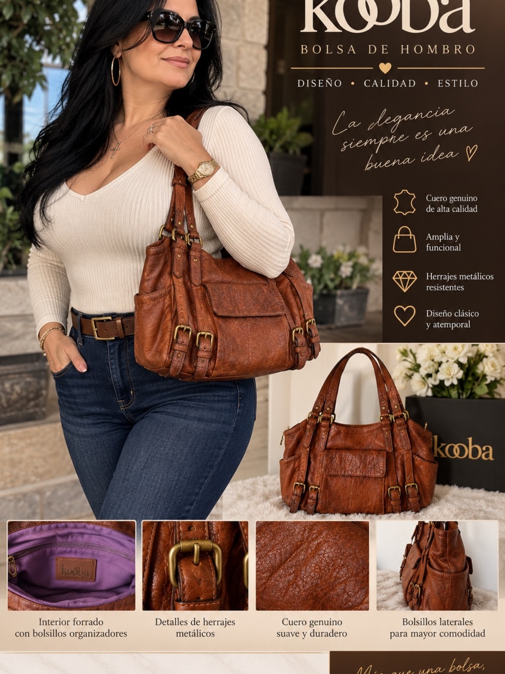 Kooba Cognac Brown Leather Shoulder Bag with Brass Hardware